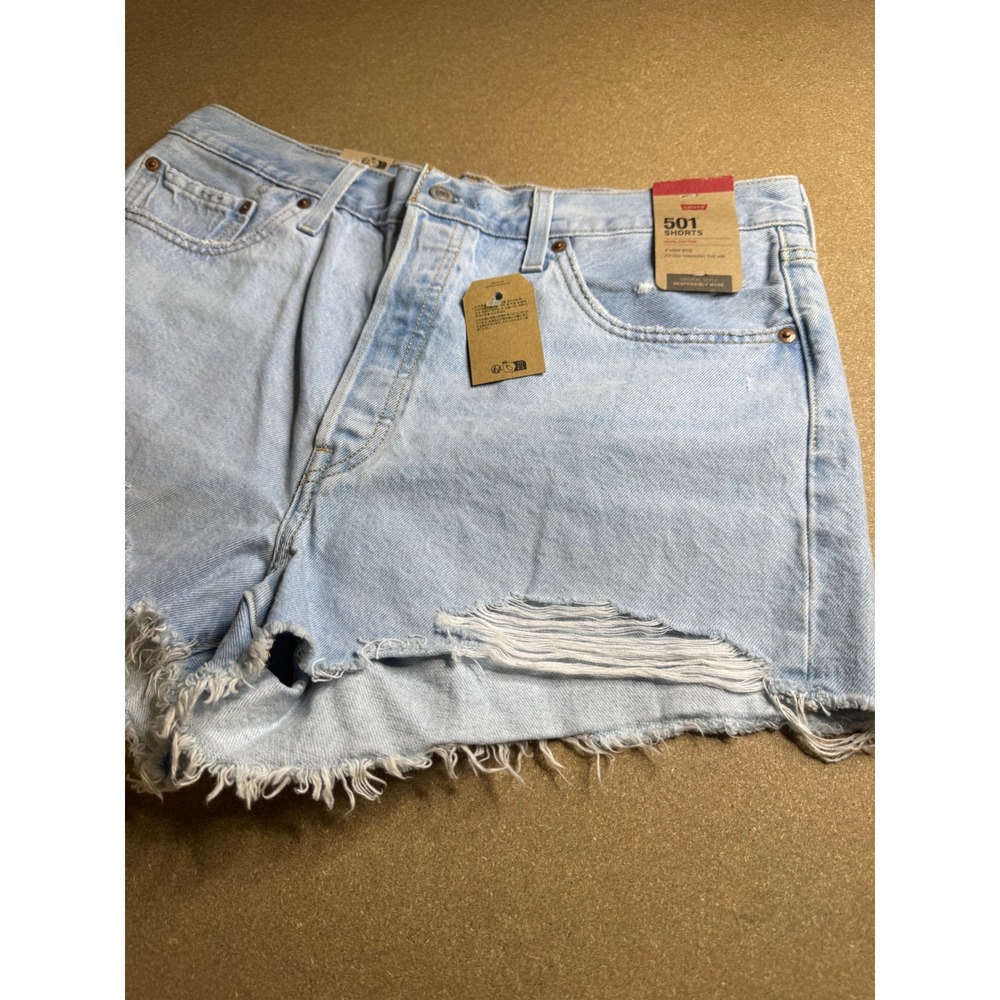 Levis 501 Original High Rise Distressed Denim Shorts Light Wash‎ Blue Womens 33